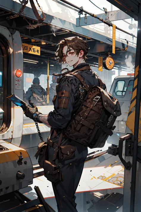 (absurdres, highres, ultra detailed, masterpiece, best quality), full body, dutch angle, finely detailed eyes and detailed face, intricate details, complex background, cinematic lighting, 1boy, mature, handsome, tall muscular guy, broad shoulders, solo, brown hair, brown eyes, Steampunk, rail, train, train station, glass ceiling, bronze bars, smoke, fumes, exhaust, fog, frost, noisy, complicated, cogwheel, gear, chain, pocket watch, clock, belts, leather jumpers, gloves, daybreak, depth of field, from back, smile