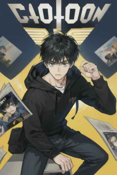 Hoodie, Black hair, a comic book, tender eyes, uniform pants