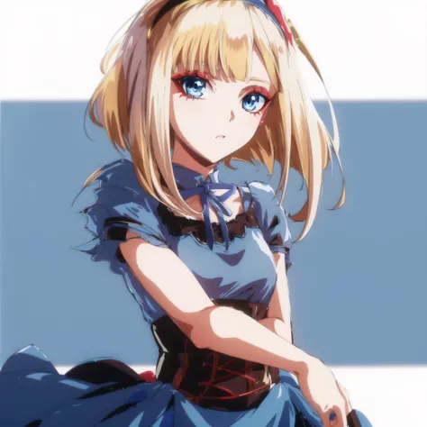 <lora:DestinyV1:0.65>,cosette schneider, Destiny, ((blue dress)),blonde hair, solo, blue eyes, hairband, red hairband, makeup, bangs, eyeshadow, ribbon,neck ribbon, medium hair, short hair