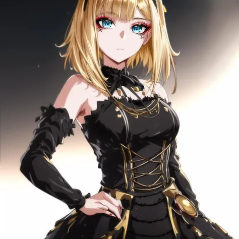 <lora:DestinyV1:0.65>,cosette schneider, Destiny, ((black and gold dress)),blonde hair, solo, blue eyes, hairband, red hairband, makeup, bangs, eyeshadow, ribbon,neck ribbon, medium hair, short hair