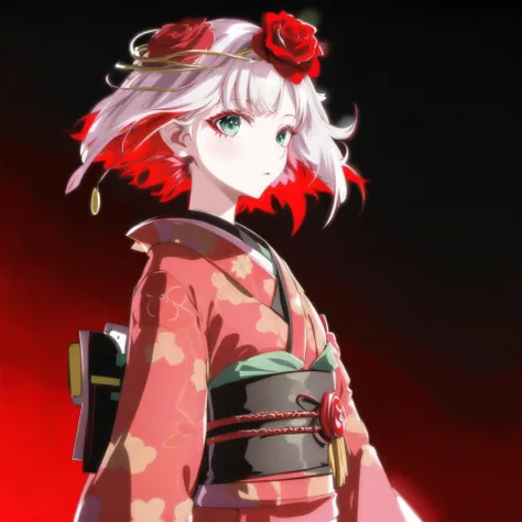 <lora:DestinyV1:0.65>,1girl,cosette schneider, Destiny,((kimono)),red flower, hair ornament, red rose, hair flower, short hair, green eyes, standing,multicolored hair,