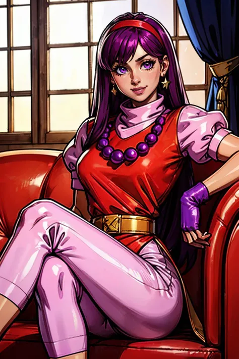Athena9495, long purple hair, purple eyes, red hairband, turtleneck, purple necklace, red dress, star hair pin, pink shirt, belt, pink pants, puffy sleeves, fingerless gloves, looking at viewer, smiling, serious, sitting, legs crossed, on large sofa, inside a cozy living room, high quality, masterpiece, <lora:Athena9495-DocStasis:.7>