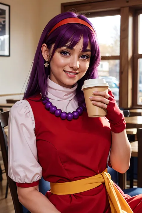 bulma, blue eyes, blue hair, braid, red hair bow, pink dress, purple scarf, clothes writing, belt, gloves, looking at viewer, smiling, teeth, sitting, on stool, inside cafe, holding coffee mug, table, soft lighting, high quality, masterpiece, <lora:DB_Bulma_v1:.8>