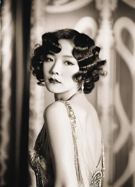 A middle-aged woman with elegant,wavy hair,her gaze serene as she looks at the viewer. She's adorned in a 1920s flapper dress,standing beside a classic,ornate photo studio backdrop. The image captures the glamour and sophistication of the early twentieth century.,asian women,