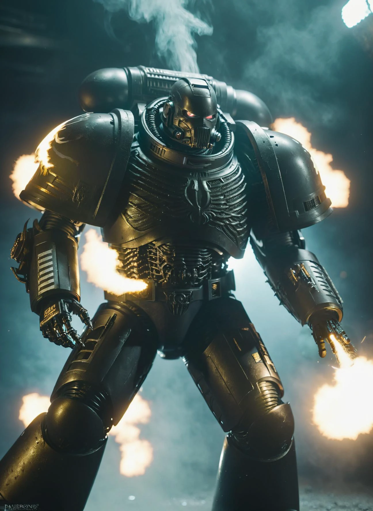 <lora:WH40XL:0.8> magnificent, disintegration effect of hand into particles gothic art dimly lit with stark highlights from suit's core, H.R. Giger, Hyperrealism, smoke, Digital 3D Rendering, Science Fiction, Metallic hues, Blender Cycles, High-res, astartes, intricate details, gritty, gloomy, armor, weapon, holding, solo, gun, pauldrons, space marine, warhammer 40k, helmet soft focus, close ups,soft lighting,dynamic capture,night,orange long upper shan,nikon shooting,portrait close-up, <lora:dark_fantasy_art:0.8> dark fantasy <lora:add-detail-xl:1> misc, all