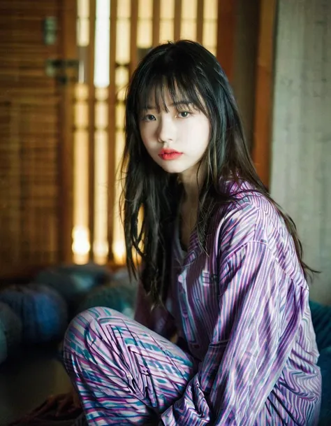  girl,portrait,Zen meditation room background out of focus, Striped pajama set,dark hair,bangs,red lipstick,makeup,young girl,looking at camera,moody lighting,warm color tone,elegant,fashion photography,vibrant color,soft focus,stylized,  <lora:badquality_v02:0.65>, (old DSLR photo, slightly out of focus image, chromatic aberration, light streaks, Lens distortion:1.2),