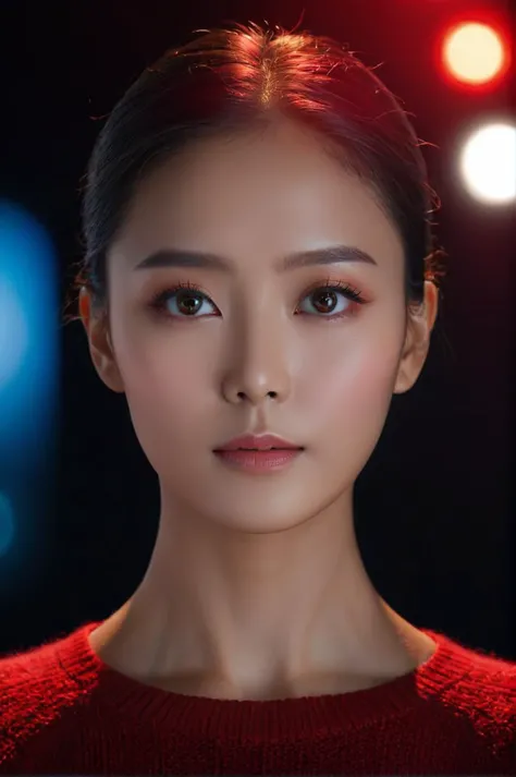 Formal portrait of a  beautiful woman, professional studio , black background, hyper detailed, 8K, detailed sky texture, naver fanpop,ffffound,character album cover, red turtle head sweater, <lora:EllaXL:1:lbw=FACE>, masterpiece, best quality, highres,, (8k RAW photo,best quality, masterpiece:1.2), (realistic,photo-realistic:1.37), ultra-detailed,  1girl, beautiful face, perfect makeup, emotional eyes, professional lighting, photo mapping , radiosity, physically-based rendering, backlight bokeh, mature, head portrait,