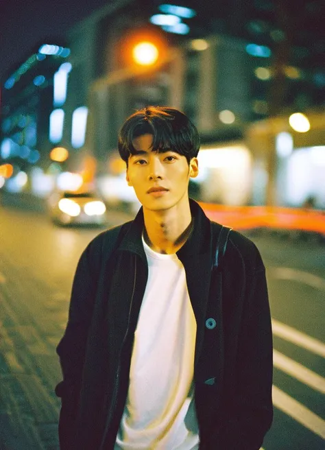 young man,Asian ethnicity,white shirt,black coat,ambient lighting,street lights,film grain,portrait,looking at camera,dark hair,outdoors,shallow depth of field,blurred background,cinematic feel,orange long upper shan,