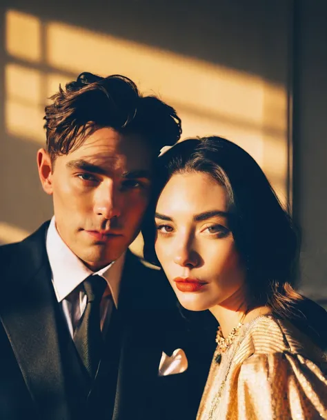 ASCIIfahsion photo of a handsome british male with his wife, masculine features, hell background, indoors, <lora:jiangnan:0.2>