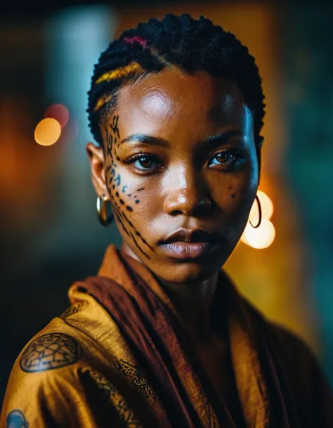 Portrait of a young African woman in a monk's robe,intense eyes,battle scars,tattoos,weapons,angry,looking into the camera,high contrast,masterpiece,dramatic lighting,ultra-realistic,colorful,depth of field,bokeh,cinematic,wide angle.,