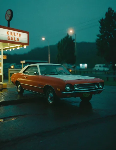 SDS_girl, raw analog photo of an 60s car at a 60s gas station, night, rain, haze lighting, 35mm, film grain, 8k, UHD, masterpiece