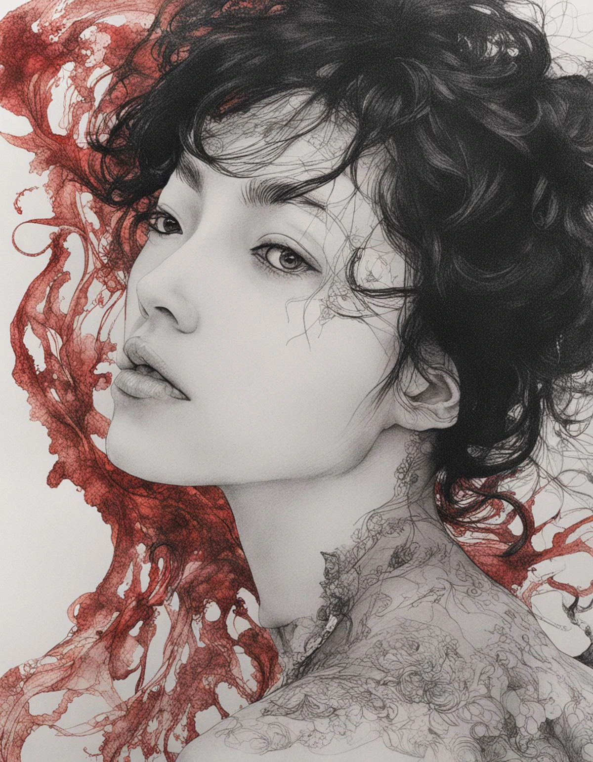 <lora:DetailedEyes_xl_V2:1>,<lora:neg4all_bdsqlsz_xl_V7:1>,<lora:ClearHand-V2:1>,SDS_girl,ulzzang,naver fanpop,character album cover,streaming on twitch,ffffound,Japanese Ink Drawing,gothic style Doodle Art Style,masterpiece,best quality,highly detailed,(photorealistic:1.4),(full body shot),(full body view),1girl,mature adult,(clothing made out of ultra-thin transparent see-through invisible fabric:2.5),collar,close-up,arabic,(looking at viewer),large breasts,(black and vibrant ruby red color),art by agnes cecile and agostino arrivabene and alberto dros,drawing,freeform,swirling patterns,doodle art style . dark,mysterious,haunting,dramatic,ornate,detailed,ink drawing,inkwash,Japanese Ink Drawing,