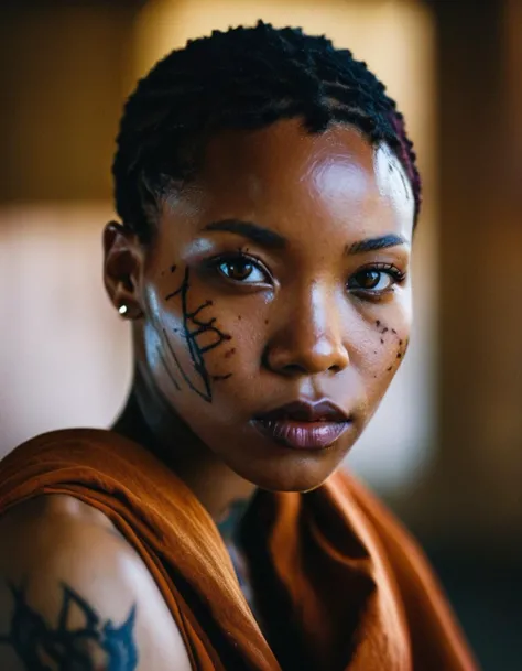 Portrait of a young African woman in a monk's robe,intense eyes,battle scars,tattoos,weapons,angry,looking into the camera,high contrast,masterpiece,dramatic lighting,ultra-realistic,colorful,depth of field,bokeh,cinematic,wide angle.,