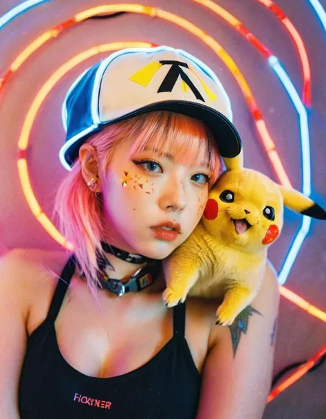 Anime_artwork, grand_photograph, 1girl with Pikachu cap, ahegao, open mouth, from above, neon glowing hair, Canon 5D Mark 4, neon light, Kodak Ektar, flamboyant, pastel colors, curved lines, elaborate detail, art by J.C. Leyendecker, NSFW.