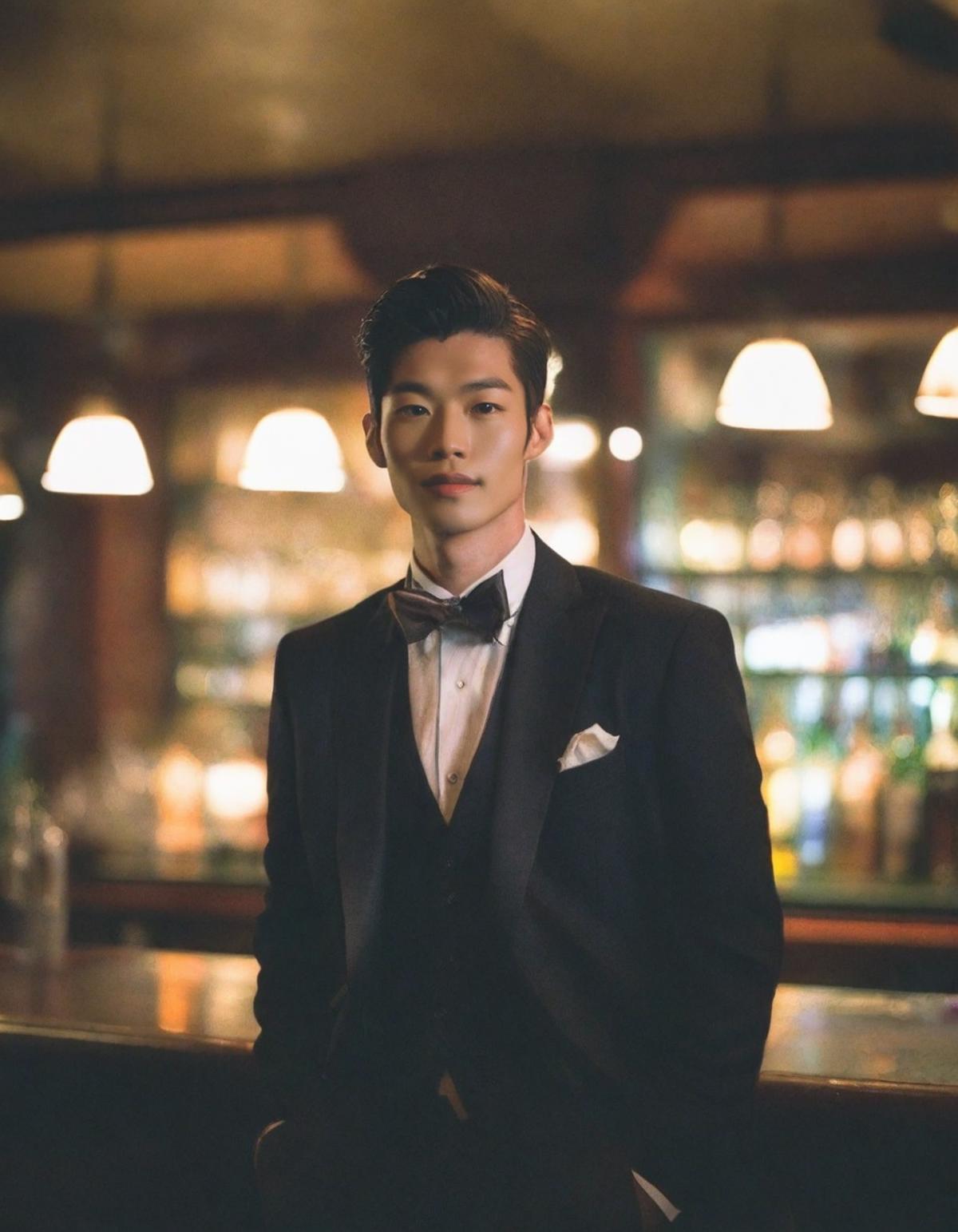 Arafed man in a tuxedo standing in front of a bar - SeaArt AI
