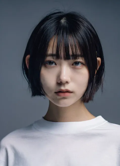 a girl with a short bob and a white shirt,trending on cg society,deep fake,2 0 yo,fragile,small upturned nose,button,dark background board,standing nervously,the face of mechanical transformation,cyberpunk,