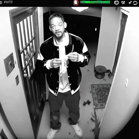 A CCTV Style doorbell camera footage of Will Smith standing far away with spaghetti in hands <lora:SDXL-CCTV-Style-Lora:0.7>