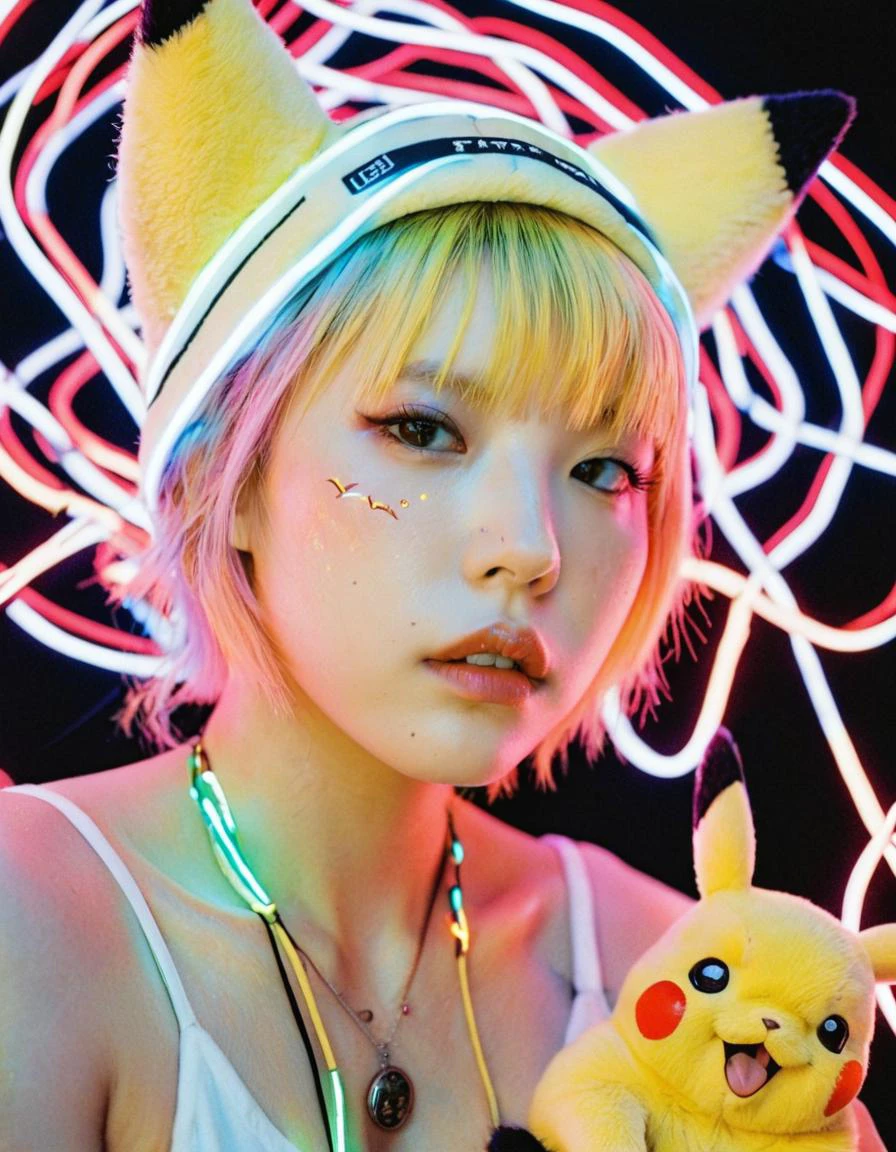 Anime_artwork, grand_photograph, 1girl with Pikachu cap, ahegao, open mouth, from above, neon glowing hair, Canon 5D Mark 4, neon light, Kodak Ektar, flamboyant, pastel colors, curved lines, elaborate detail, art by J.C. Leyendecker, NSFW.
