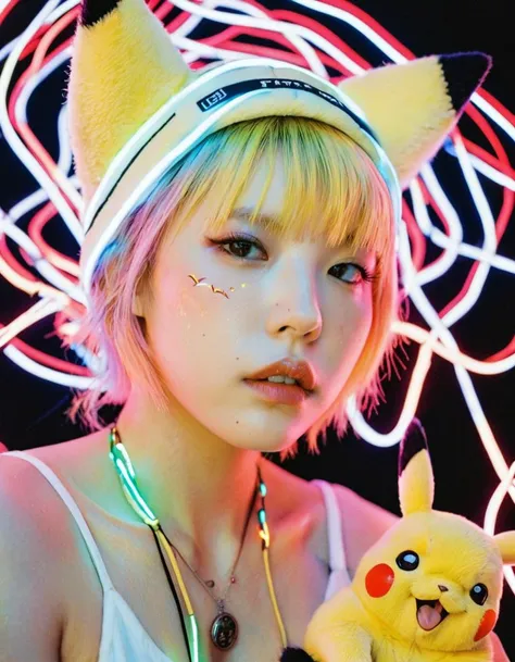 Anime_artwork, grand_photograph, 1girl with Pikachu cap, ahegao, open mouth, from above, neon glowing hair, Canon 5D Mark 4, neon light, Kodak Ektar, flamboyant, pastel colors, curved lines, elaborate detail, art by J.C. Leyendecker, NSFW.