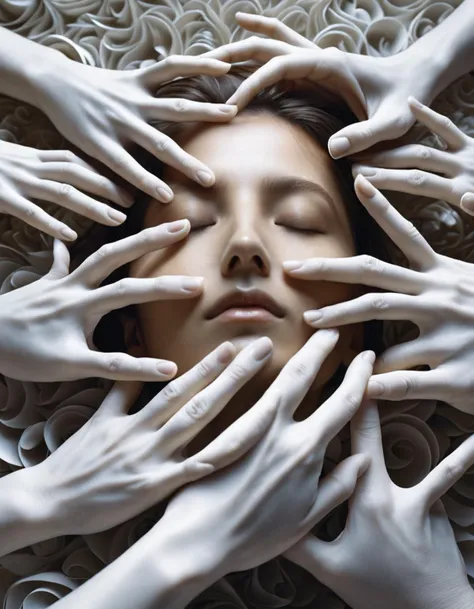 Masterpiece, best quality, high resolution, white hands emerging from a singularity, sleeping face, many hands, vortex, intricate detail, 8k, HDR.