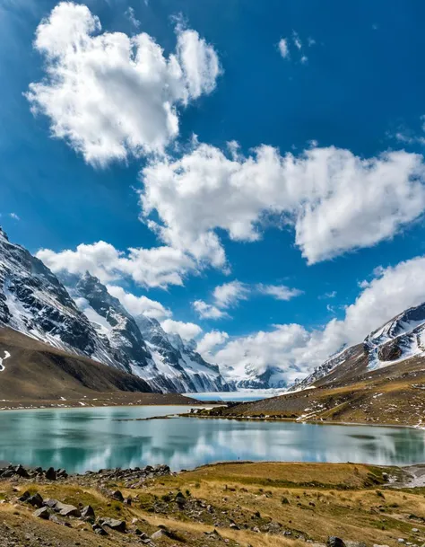 mountain, lake, snow, clouds, blue sky, alpine, glacier, landscape, natural beauty, scenic, tranquil, outdoor, cold weather, reflection, daylight, travel destination, undisturbed, pristine environment, high altitude, nature photography