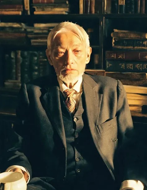 An elderly man with deep wrinkles and a white beard,his eyes locked with the viewer's he's in a classic tweet suit,sitting in a dimly lit,old-world study. The portrait conveys a narrative of experience and introspection.,