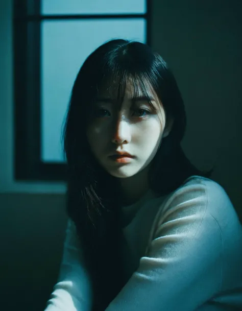 a young woman,looking at the camera,posing,ulzzang,naver fanpop,ffffound,streaming on twitch,character album cover,blues moment,style of Alessio Albi,daily wear,moody lighting,appropriate comparison of cold and warm,reality,