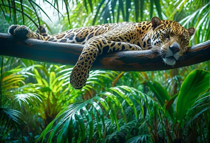 Lush jungle, palm trees, plants, humid, morning time, sun light shinning, wet plants, a jaguar sleeping on the branch of a tree, tail hanging, HD, 4k, 8k, masterpiece, nature photography, high quality, best quality, zoomed out, full shot, detailed fur, detailed face, detailed tail.,