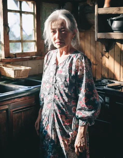 An elderly woman with elegant gray hair,her gaze at the viewer full of stories. She's dressed in a traditional,floral-patterned dress,in a quaint,sunlit cottage kitchen. The image tells a tale of heritage,warmth,and simplicity,