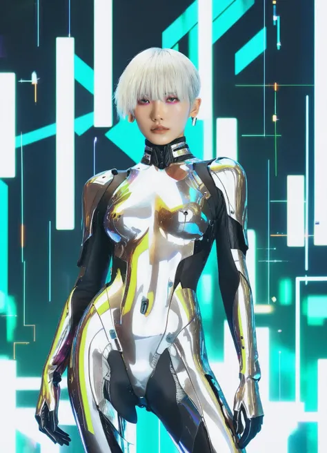 An androgynous figure with silver metallic hair, adorned with neon geometric patterns, wearing a futuristic, asymmetrical outfit. The subject stands against a backdrop of swirling digital codes and vibrant glitch art, creating a cyberpunk atmosphere. The overall mood is enigmatic and boundary-pushing.