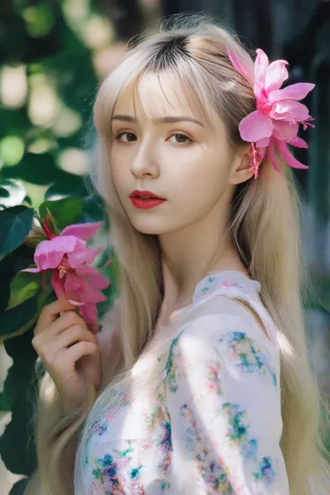 <lora:users_LOCON_619296183700993014_neg4all_bdsqlsz_xl_V7:1>,A mesmerizing girl,adorned with long,slightly curly light blond hair,delicately holding a vibrant flower. The pastel makeup echoes the artistic style of Guo Hua,emphasizing the androgenic beauty in a feminine girly dress. This 16-year-old muse,with fuchsia-toned skin reminiscent of Elle Magazine,embodies the ethereal with an aura that transcends time.,<lora:users_LORA_619296183700993014_DetailedEyes_V3:1>