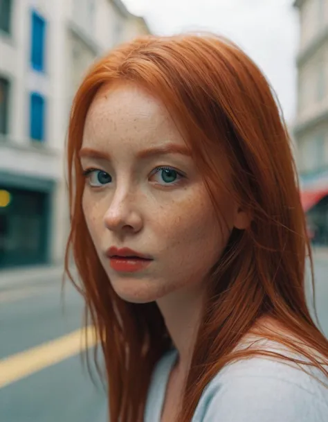 SDS_girl, raw portrait photo of a beautiful irish woman in a city, red hair, realistic skin texture, cinematic shot, natural lighting, outdoor, summer, 8k, UHD, masterpiece