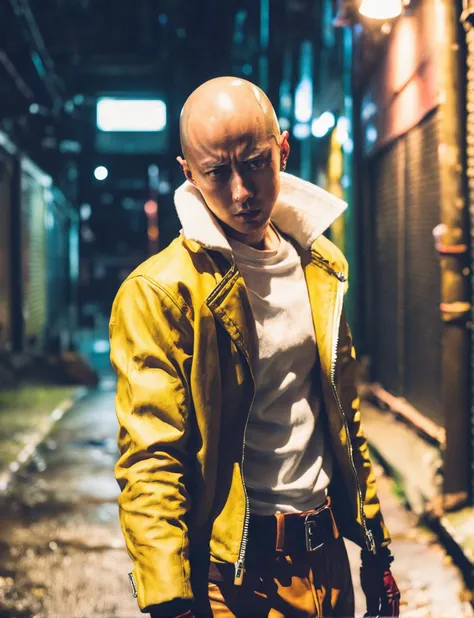 realistic, One Punch Man, A moody,cinematic shot of a real life saitama with red leather gloves,clad in a yellow leather jacket,smoking a cigarette against a dimly lit alley. The play of shadows and highlights on his rugged features creates an intense atmosphere. The film's graininess amplifies the grittiness,evoking a sense of mystery and rebellion
