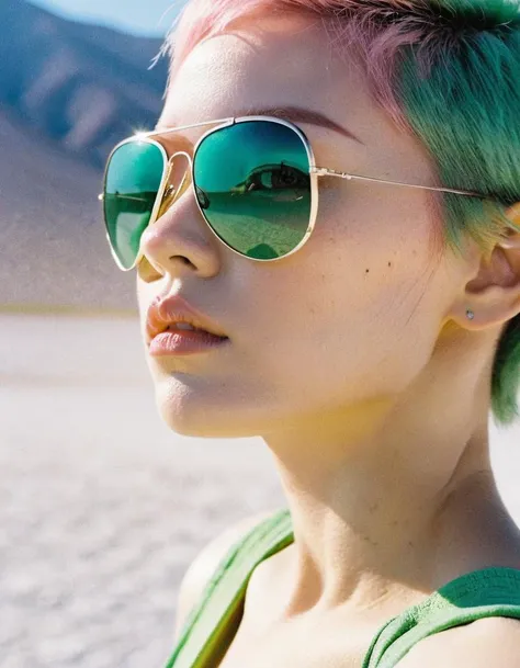 chest shot, RAW photo, a close up portrait photo of fashionable woman wearing green aviator sun glasses, wearing a sexy romper, layered cut haircut, pink hair, pale skin, full lips, background is The Badwater Basin, soft lighting, high quality, film grain, Fujifilm XT3