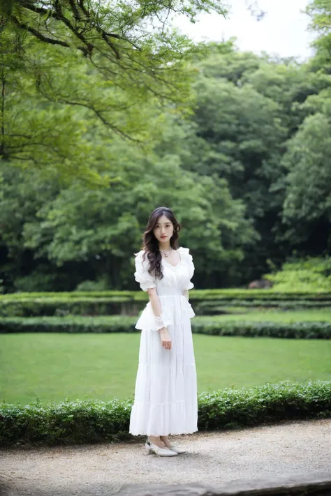woman, white dress, puffy sleeves, outdoor setting, greenery, trees, daytime, cloudy sky, necklace, choker, standing pose, looking at camera, natural lighting, makeup, nature background, elegance, fashion, youthful, East Asian features, long hair, portrait photography, serene expression, light color palette, 8K,masterpiece, best quality:1.2,ultrahigh-res,