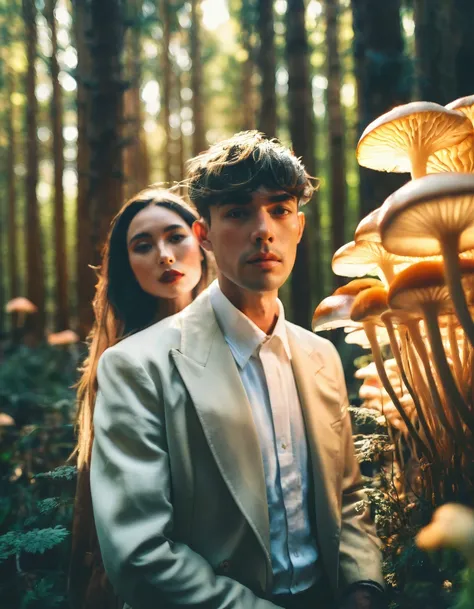 ASCIIfahsion photo of a handsome british male with his wife, masculine features, mushroom forest background <lora:jiangnan:0.2>