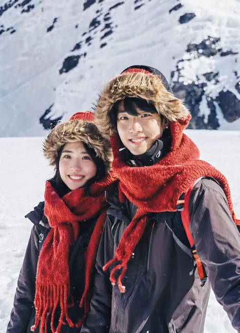 a man and a woman standing,fair_skin,an 18-year-old couple,knitted red scarf,a furry hat,wearing a dark woolen windbreaker,smile,(snowing:1.2),looking directly at the camera,filmed by fujiXT-4,aurora,the background is a glacier,highlighting key points,detailed eyes,