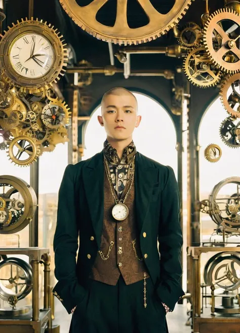 A young man with a shaved head,surrounded by levitating antique clocks and gears. Dressed in steampunk-inspired attire with brass accessories,he gazes intensely at the viewer. The background features a surreal clockwork landscape,blending elements of fantasy and realism.,