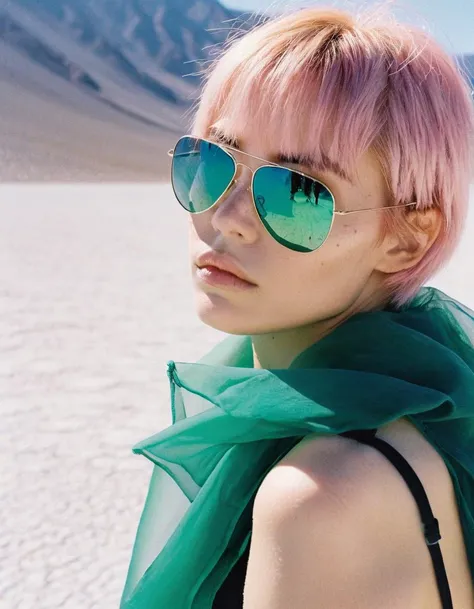 chest shot, RAW photo, a close up portrait photo of fashionable woman wearing green aviator sun glasses, wearing a sexy romper, layered cut haircut, pink hair, pale skin, full lips, background is The Badwater Basin, soft lighting, high quality, film grain, Fujifilm XT3