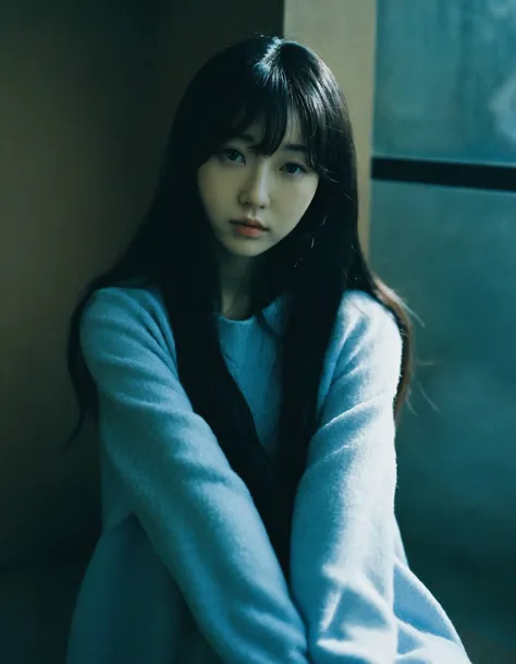 a young woman,looking at the camera,ulzzang,naver fanpop,ffffound,streaming on twitch,character album cover,blues moment,daily wear,moody lighting,appropriate comparison of cold and warm,reality,