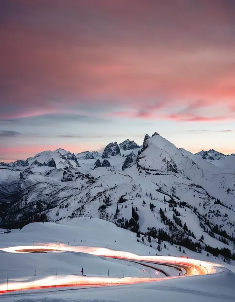 mountainous landscape, winding road, light trails, snow-covered mountains, dusk, crimson sky, twilight, alpine scenery, long exposure, cold climate, nature, serpentine road, isolated structure, travel, remote, tranquil, elevated view, winter season, outdoor, no people, pink and blue hues, dynamic sky, curvy road illuminated, contrast, vertical orientation