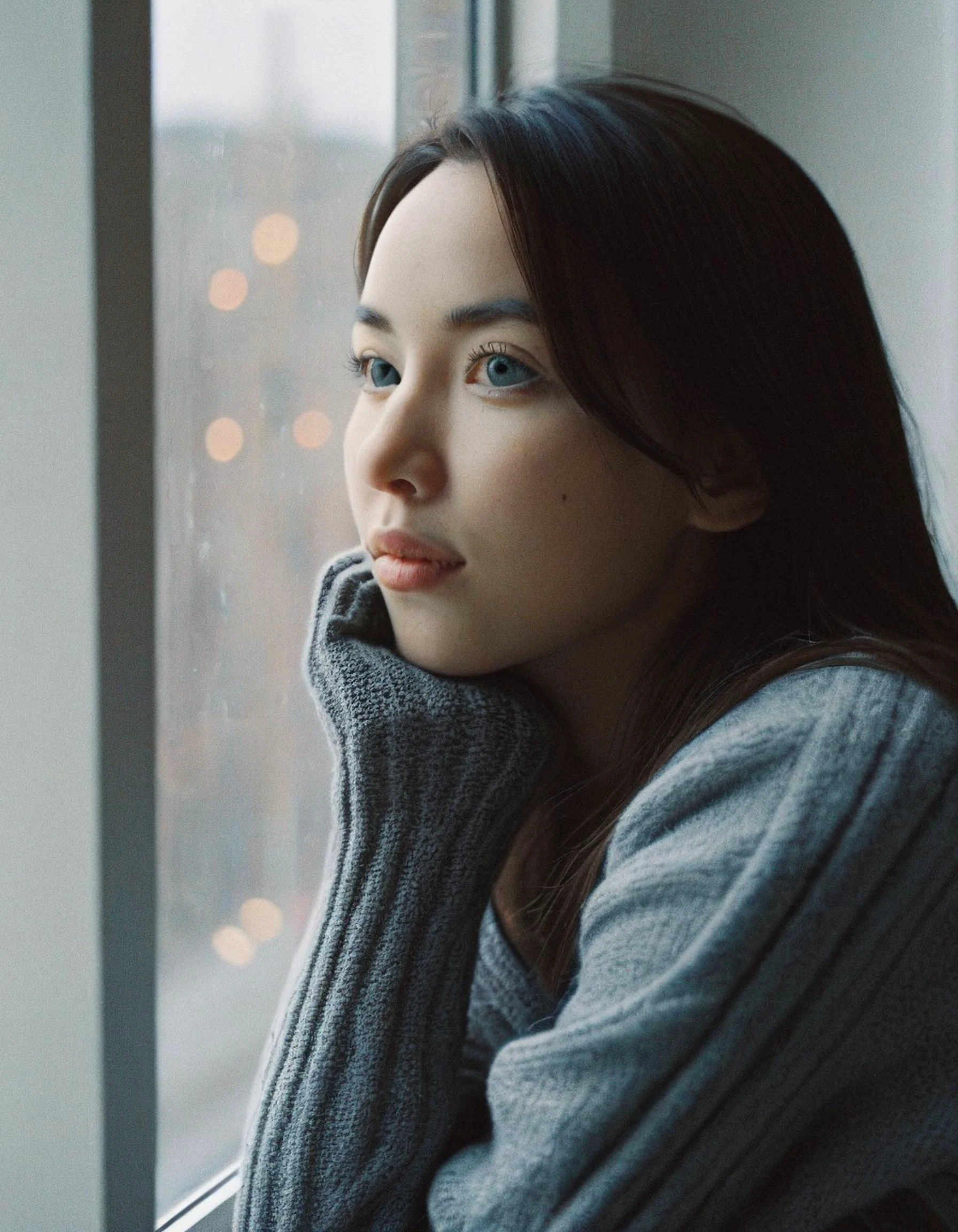 SDS_girl, raw portrait photo of a beautiful german woman looking out of a window, realistic skin texture, cinematic shot, natural lighting, outdoor, winter, snow, 8k, UHD, masterpiece