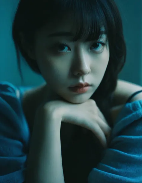 a young woman,looking at the camera,posing,ulzzang,naver fanpop,ffffound,streaming on twitch,character album cover,blues moment,style of Alessio Albi,daily wear,moody lighting,appropriate comparison of cold and warm,reality,