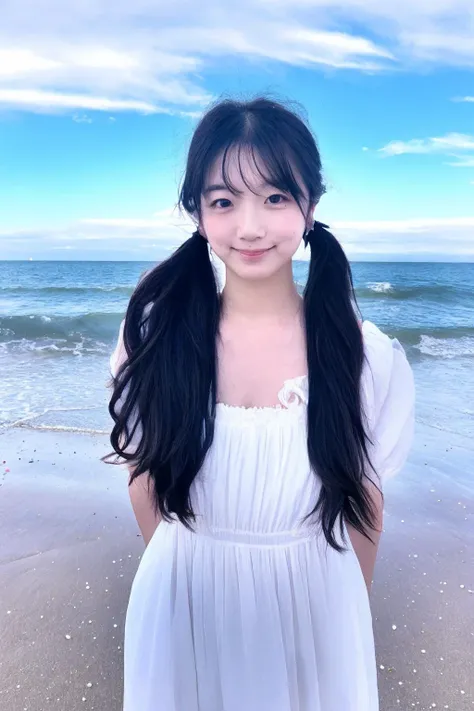 a young woman standing on a sandy beach with the ocean in the background,She has long,black hair that is styled in twintails,She is wearing a white dress adorned with small colorful patterns,The woman is looking directly at the viewer with a smile,She has a bracelet on her wrist,The sky is clear with a few scattered clouds,and the ocean appears calm,The overall ambiance of the image is serene and sunny,, 8K,masterpiece, best quality:1.2,ultrahigh-res,