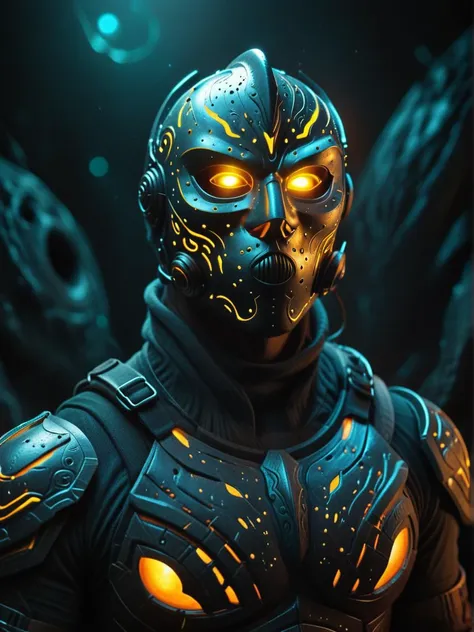 masked warrior with glowing mask and dark black holes for eyes, watching from the darkness