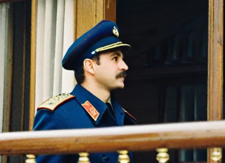 1980s, Nikon FA, full shot, Soviet Union, Russian Country side, Russian country house, soviet police offer, soviet police uniform, side shot, looking to the side, HD, masterpiece, high quality, best quality,