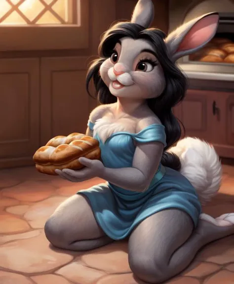 <lora:jasmine:0.6> (black hair, dark skin, blue dress, barefoot) jasmine, ((becoming thumper (disney))), grey fur, ((small feral bunny body):1.4), (hybrid:1.2), mid transformation, fluffy cheeks, fluffy chest, humanoid face, full-body portrait, (flirting:1.4), female, (big feet,big paws), (fluffy fur, thick fur:1.2), cute, adorable, eyelashes, fur tufts, village bakery, fresh bread aroma, warm ovens, skilled bakers, delightful pastries, kneeling, flat-chested, quadraped,
BREAK, best quality,masterpiece, soft lighting, by thomas kinkade, <lora:thumper_frv1:0.5>