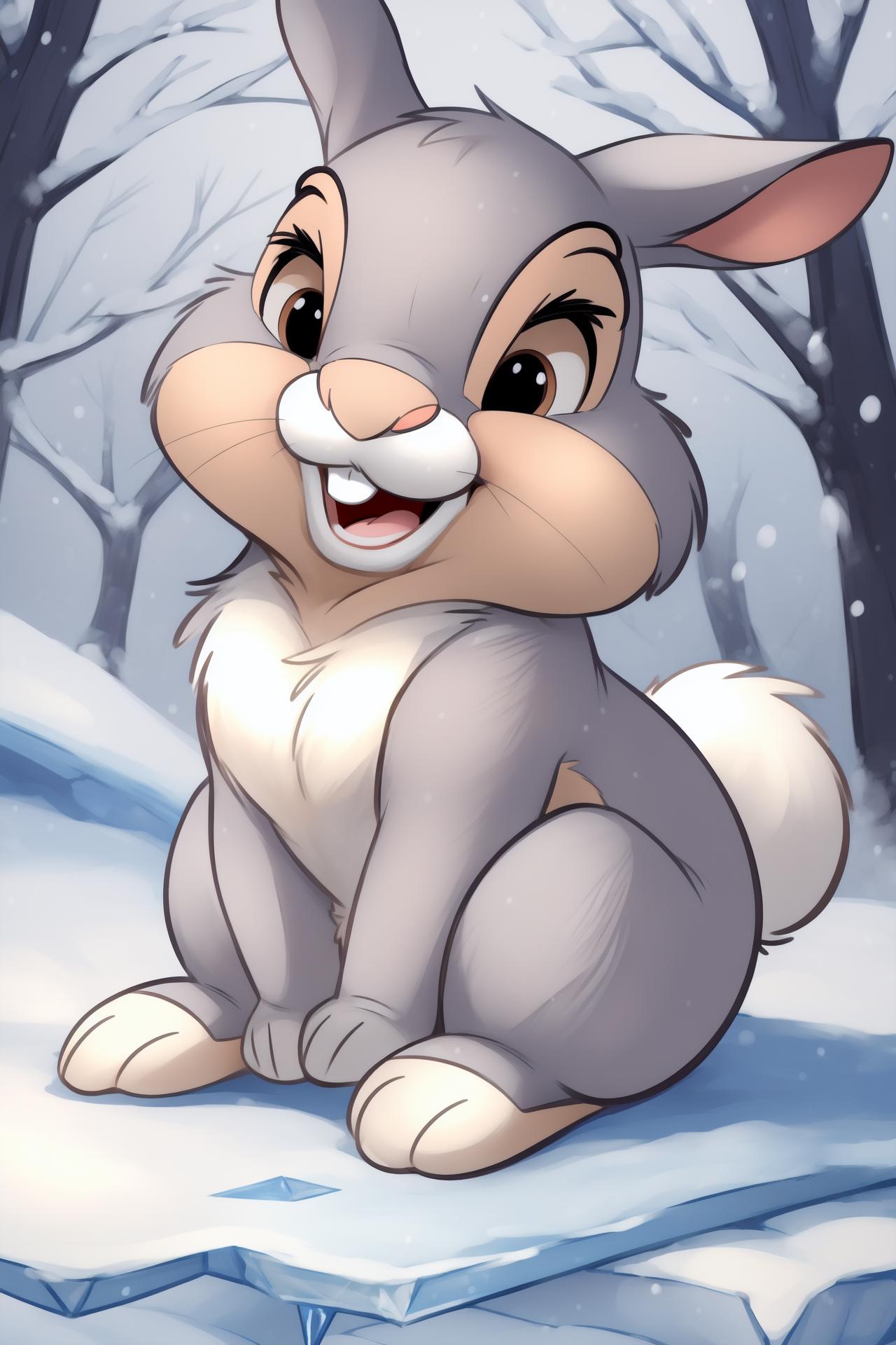 A cartoon rabbit sitting on a snow covered ground in the woods - SeaArt AI
