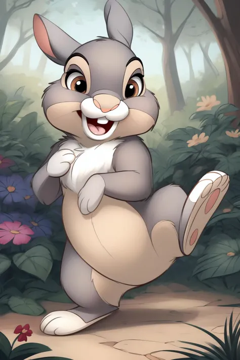 ((bright vibrant colors)), portrait, <lora:thumper_frv1:0.9>, (((thumper (disney)))), ((feral)), (male), solo, fluffy, detailed fur, (((grey fur))), hazel eyes, [1 bucktooth], mammal, bunny, ((small feral bunny body)), ((((looking cute)))), ((((happy expression)))), hi res, ultra realism shading, detailed eyes, ((standing)), (((raising leg))), by smitty g, by sfan, by the giant hamster, <lora:add_detail:0.5>, (looking at viewer), ((nature, forest, garden background)),