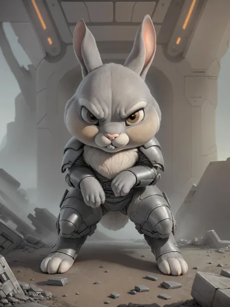 Sci-Fi themes, Futuristic themes, Dystopian themes, Hyper realistic, Ultra detailed, 8k render, <lora:thumper_frv1:1> Feral Bunny, Chibi, Small, Thumper with gray and white fur, soft fur, fluffy fur, hazel eyes, Angry expression, sneering, Buckteeth, ((Wearing heavy combat armor)), Combat stance, facing viewer, in futuristic ruins, broken machinery, rubble.